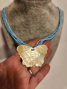 Tropical Necklace Abalone Butterfly Carved MOP Mother Of Pearl And Blue Hawaii - Picture 1 of 8