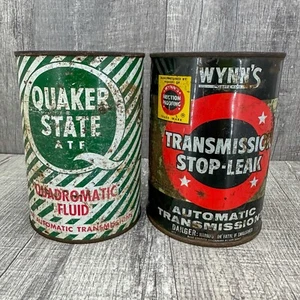 Vintage Quaker State Automatic Transmission Fluid & Wynns Stop Leak Can's Full - Picture 1 of 11