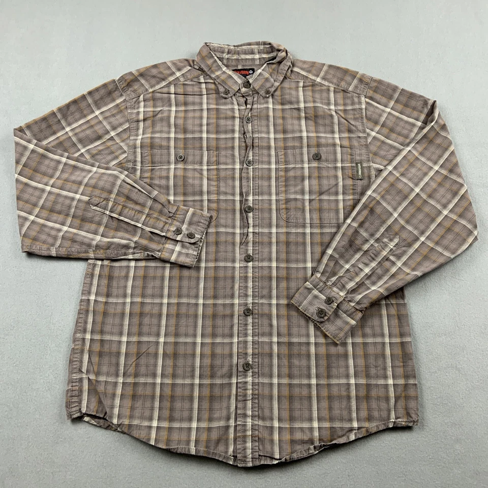 Wolverine Men Shirt M Brown Button Up Plaid Short Sleeve Pocket Logo Casual Work - Image 1 of 4