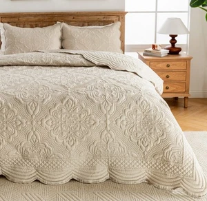 Embroidered Quilt Set Queen Size - 3 Pieces, Washed Cotton Blend Lightweight ... - Picture 1 of 5