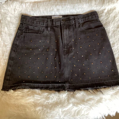 Frame Women’s 30 Black Le Mini Embellished Crystal Stud Raw Hem Denim Mini Skirt - Image 1 of 4