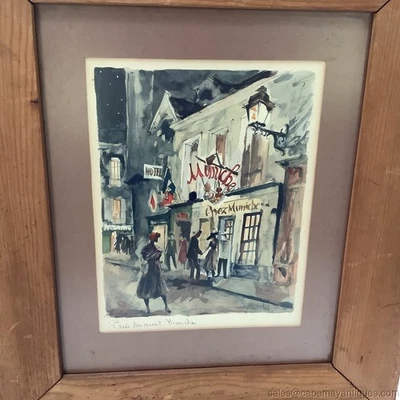 Impresión litográfica Franz Herbelot años 50 París en la noche escena callejera Chez Muniche Foto 1 de 4