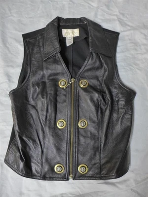 CACHE Black Leather Zip Biker Vest w/ Gold Lion Head Buttons - Women's M/S NWOT - Image 1 of 4