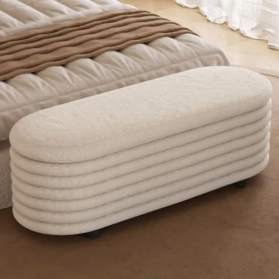 Miuuod Oval Storage Ottoman Bench 116.5cm Sherpa Fabric Cream White - Image 1 of 4