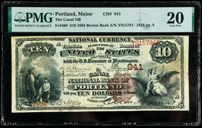 Fr#480 1882 $10 US Red Seal NB of Portland National Currency Note PMG 20 VF - Image 1 of 2