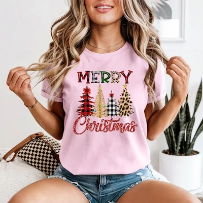 Holiday Christmas Trees Womens Graphic T-Shirt Festive Plaid Leopard Glitter - Image 1 of 2