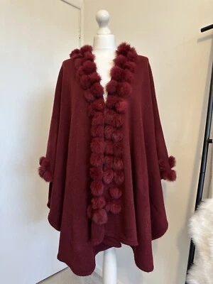 Burgundy Cape With Fur Pom-poms One Size  - Image 1 of 4