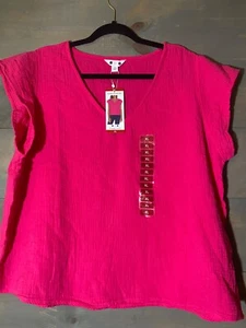 THREE DOTS Shirt Damen Fuchsia Rosa Neu mit Etikett Flügelärmel Gr. XL Baumwolle Gaze Bluse Top - Bild 1 von 11