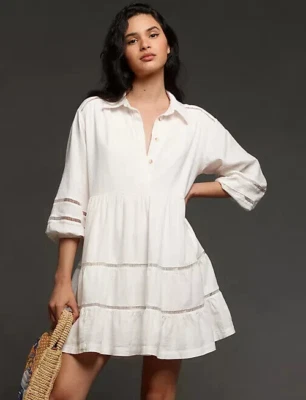 Vestido Camisa Anthropologie Bettina En Niveles Edición Lino Mini Marfil Talla XL NUEVO Foto 1 de 4