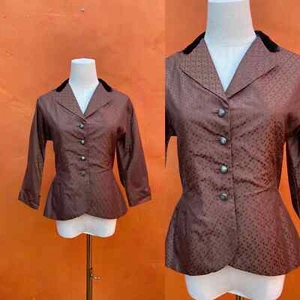 Vintage 1940s Brown Peplum Blazer Jacket Coat. Black velvet collar WWII Pinup - Picture 1 of 4