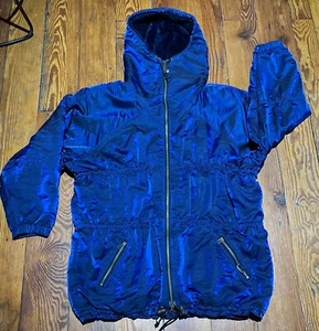 Nils Ski Jacket Hood Faux Fur Dark Electric Blue Parka Made USA 12 Iridescent - Picture 1 of 11