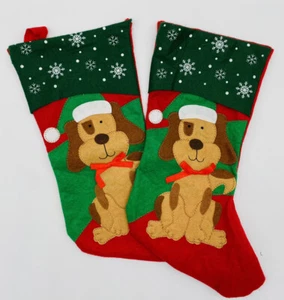 2 Felt Christmas Stockings Santa Dog Tinsel Applique Red Brown Green Pets AA - Picture 1 of 2