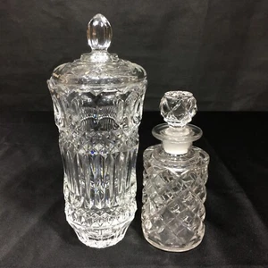 Cut Clear Crystal 9.75” Biscuit Jar Lid Canister & 6.5" Perfume Bottle Decanter - Picture 1 of 24
