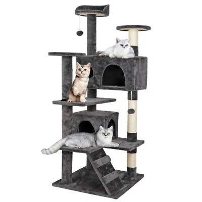 53" Cat Tree Tower Kitty Furniture Cat Scratching Posts with Ladders Dark Gray - Image 1 of 4