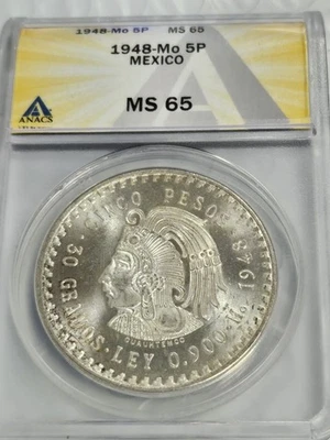 1948 Mo México ANACS MS65 Plata 5 Pesos S5P Cinco Pesos Cuauhtémoc Moneda AA414 Foto 1 de 4