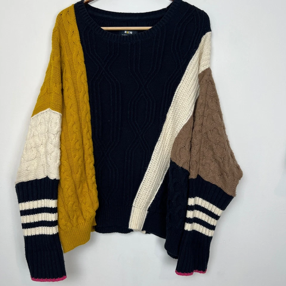 Suéter tejido con cable Maeve by Anthropologie colorblock para mujer pequeño algodón lana Foto 1 de 4