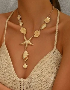 Gold Starfish & Shell Charm Necklace - Zara Dup Jewellery - Summer Beach Pendant - Picture 1 of 4