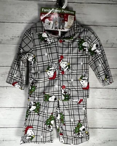 NWT 12M Peanuts Button Down Pajama Set Snoopy Woodstock Gray Plaid 2 Pc Family - Picture 1 of 8