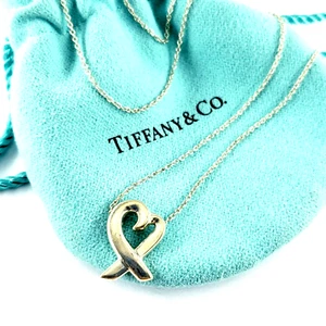 TIFFANY & CO PALOMO PICASSO Sterling Silver HEART RIBBON Pendant 16" Love VTG - Picture 1 of 11