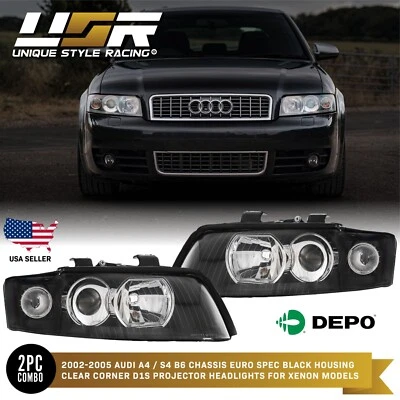 ECode Euro Clear Corner Black Headlight For 02-05 Audi A4/S4 Xenon HID D1S Model - Image 1 of 4