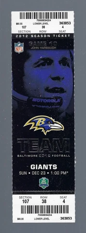 RAY LEWIS FINAL HOME GAME - 2012 NFL GIANTS @ RAVENS FULL FOOTBALL TICKET Cover