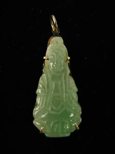 Colgante de jade blanco verde natural genuino 14K forma libre Guanyin Kwan yin #993 - Imagen 1 de 8