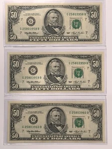 (3) UNCIRCULATED $50 - FIFTY DOLLAR BILLS 1993 CRISP SEQUENTIAL CHICAGO IL - Picture 1 of 17