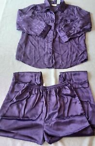 Jaclyn Smith 2 Pc Pajama Set Mixed Sizes Purple Satin Feel Leaf Pants-M  Top-LRG