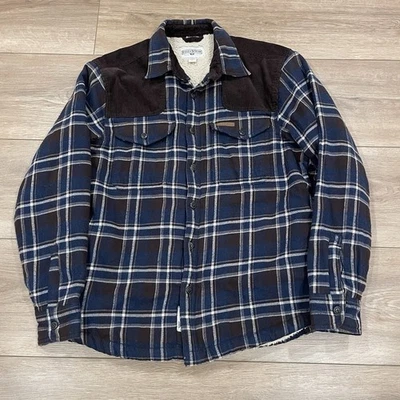 Field & Stream Shacket Men Medium Blue Brown Plaid Flannel Fleece Lined Corduroy - Image 1 of 4