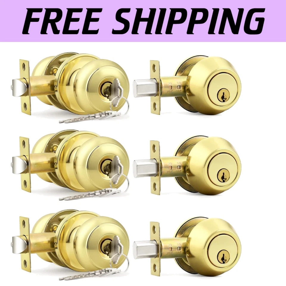 Juego de perillas de puerta y cerrojo de un solo cilindro con llave de alta calidad, paquete de 3 Foto 1 de 4