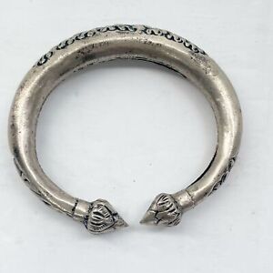 Vintage Oxidized Silver Cuff Bangle Bracelet Engraved Flower Hill Tribe Asia