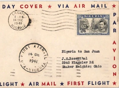 NIGERIA KGVI 2s/6d High Value Air Mail FIRST FLIGHT FDC 1941 Cover USA WW2 ZC132 - Image 1 of 4