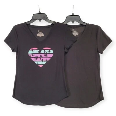 No Boundaries V Neck Tops Sz M JUNIORS T Shirts Black Heart Pink Purple 2 Pc - Image 1 of 4