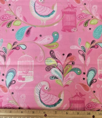 Peacock Feather and Bird Cage Birds Pink and Multi Color Cotton Fabric  - Image 1 of 2