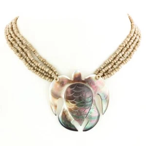 Turtle Mother Of Pearl Shell Beige Beads Necklace, 2" - Picture 1 of 4