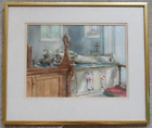 Vintage Watercolour Norfolk Church Interior with a Tomb by Henley Graham Curl