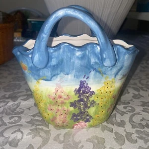 Studio Art Ceramic Floral Basket Planter Vase Folk Art Whimsical - Picture 1 of 1