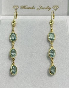 14k Solid Yellow Gold Lever-back Dangle Earrings, Natural Blue Zircon 2.69 Grams - Picture 1 of 6