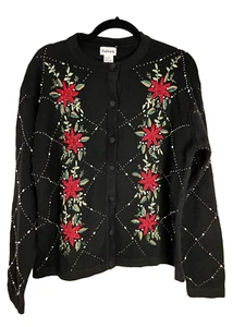 NUEVO CON ETIQUETAS BonWorth Vacaciones Navidad Cárdigan Poinsettia Suéter M Negro/Rojo De Colección - Imagen 1 de 8