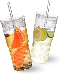 20 OZ Iced Coffee Cup With Glass Lids and Straws High Borosilicate Glass Tumbler - Picture 1 of 7