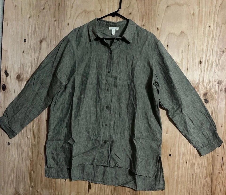 Camisa vintage años 90 Eileen Fisher para mujer LG de lino de gran tamaño con botones EE. UU. Foto 1 de 4