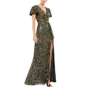 NWT Mac Duggal Women's Black Gold Silver Sequin Flutter Sleeve Formal Gown 10 - Picture 1 of 15