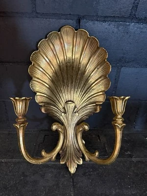 Antiguo candelabro vintage dorado Syroco plástico concha Hollywood Regency Foto 1 de 4