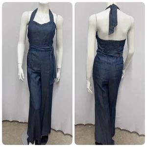 Anthropologie Elevenses Denim Blue Jumpsuit With Belt Halter Style Size 40 6 - Picture 1 of 9