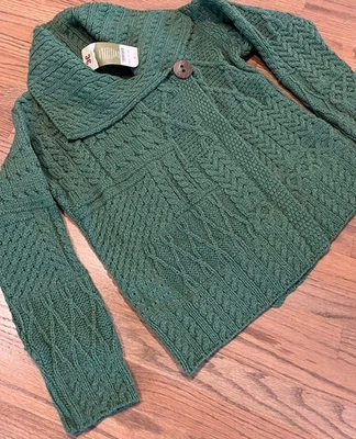Carraig Donn 100% pura lana nueva verde tejido con cable cárdigan suéter talla pequeña 4 6 Foto 1 de 4