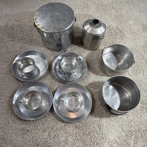 Vintage Aluminum Nesting Camping Mess Set Cooking Pots Pans Plates Cups Japan - Picture 1 of 12