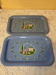 Serviertabletts blau Vintage Frau, Schaf, Haus 2 Stück - Bild 1 von 9
