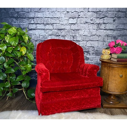 Vintage Crushed Red Velvet Cherry Tufted Swivel Rocking Chair Armchair Mid Centu Cover