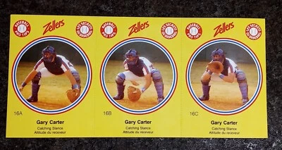 1982 Zellers Gary Carter Montreal Expos Uncut Panel Of 3 Cards, Panel 16, EX - Image 1 of 4