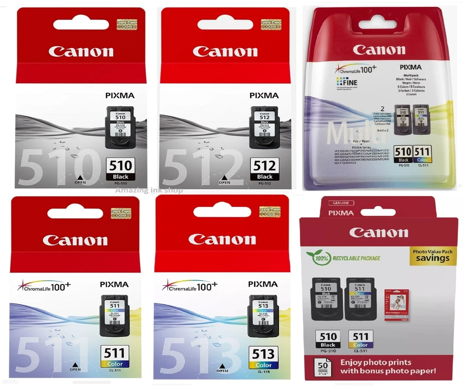 Original Canon PG-510 Black & CL-511 Colour Ink Cartridges PG-512 & CL-513 LOT - Image 1 of 1
